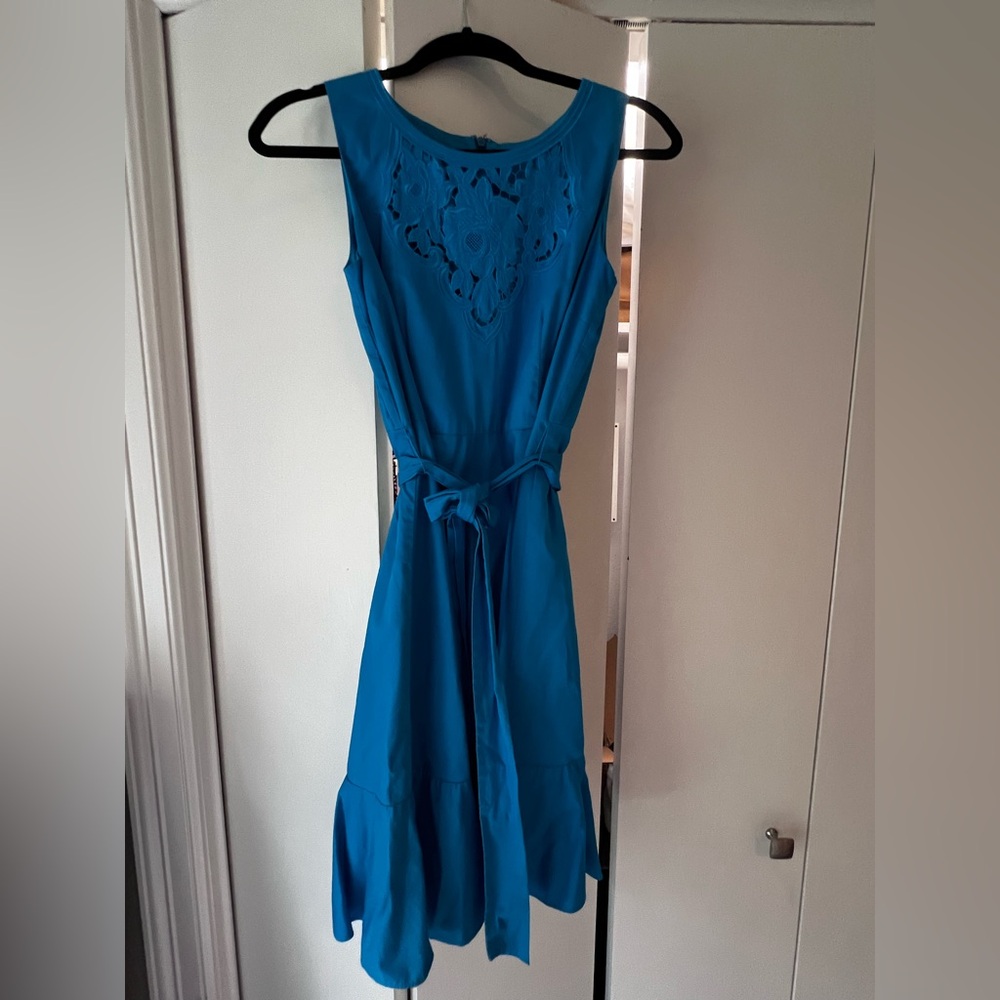 Talbots Petite 2P Blue Embroidered Sateen Fit & Flare Dress - Picture 10 of 11